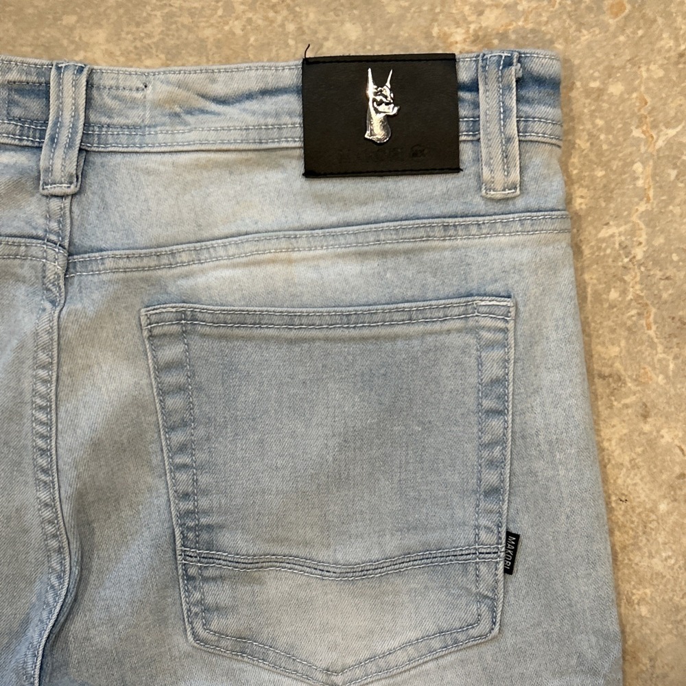 Makobi Jeans Men's 36x35 Blue Denim Distressed Motto Camo Light Wash Streetwear